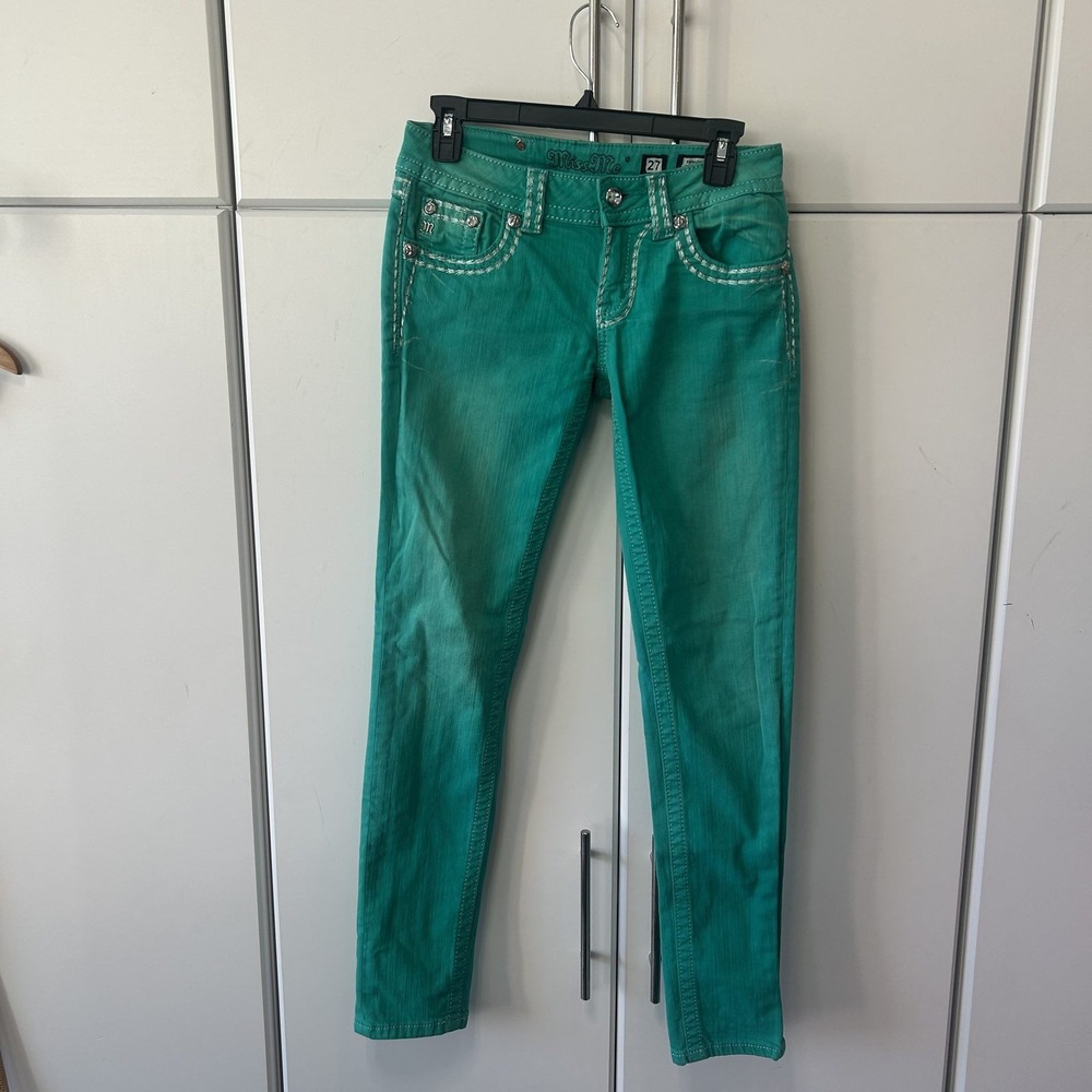 Miss Me Signature Skinny Jeans Emerald Green Crystal Embellished 27 B711
